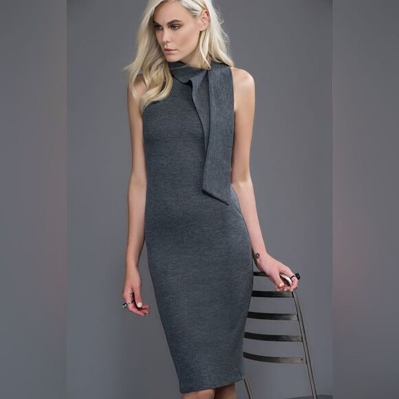 Ralph Lauren ~ Charcoal Cashmere Silk Bow Neck Pinpoint Knit Jersey Sheath Dress - Picture 12 of 16